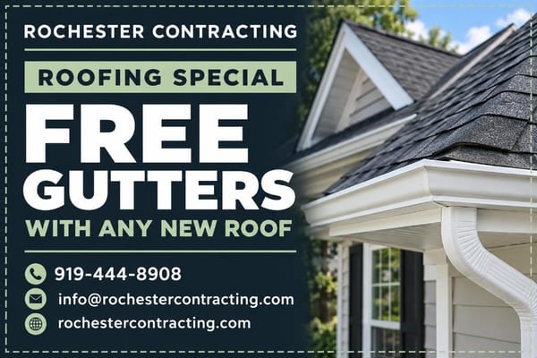Rochester Contracting roofing special — free gutters with any new roof